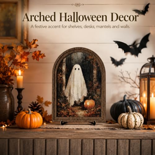 Vintage Ghost Arched Wood Frame Tabletop Decor, Rustic Halloween Wall Art - color: Color 05