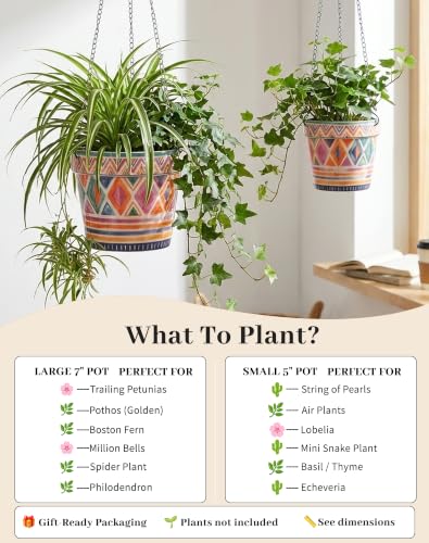 Stoneware Hanging Planters Set of 2, Large 7" + Small 5" - color: Set 2-boho Geometric