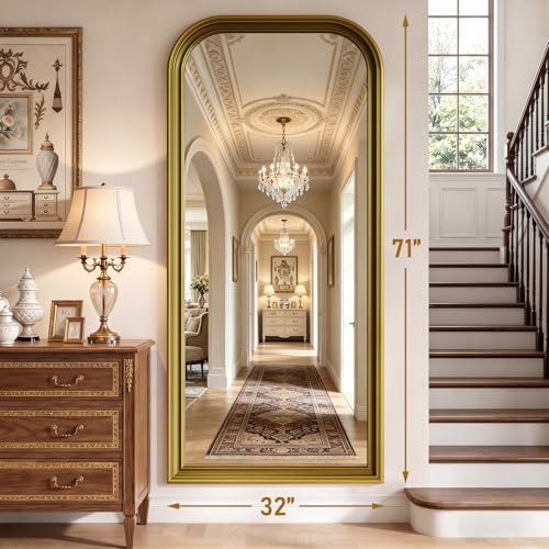 71"x32" Full Length Mirror with Stand, Arched PU Frame - color: Antique Gold