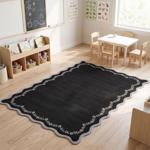GarveeHome 4x6 Scalloped Washable Area Rug Black Nursery Kids Bedroom Rug - color: Black, size: 4' x 6' (Rectangular)