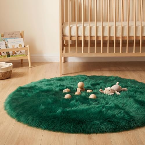 Emerald Green Faux Fur Sheepskin Round Rug 4x4 ft, Fluffy Shag Circle Rug - color: Emerald Green, size: 4' x 4' (Round)