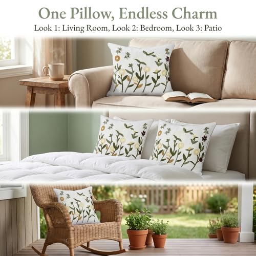 Neutral Daisy Floral Embroidered Pillow Covers 20x20 Set of 2 - color: White Green Camel, size: 20" x 20" (Pack of 2)