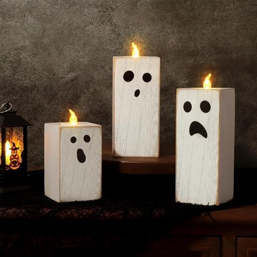Halloween Decorations: 3pcs Cute White Ghost Decor, Farmhouse Wooden Ghost Sign with Flameless LED Tea Lights, Rustic Room Decor for Kids Home Office School Desk Fireplace - style: Tea Lights Ghost