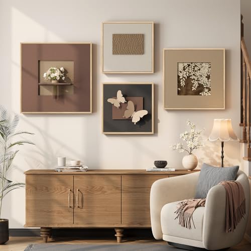 Large 3D Textured Neutral Butterfly Wall Art for Living Room, Set of 4 - color: Brown-A, size: 28x28" + (20x20") x2ps +24x24"