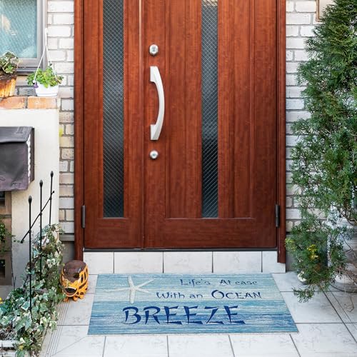 Jvpke Beach Door Mat, Life's at Ease with an Ocean Breeze Starfish Blue Beach Door Mat Indoor Outdoor Entrance Porch, Ocean Beachy Bath Mats for Bathroom, Coastal Welcome Mats, 17x30 Inches - color: Life's at Ease