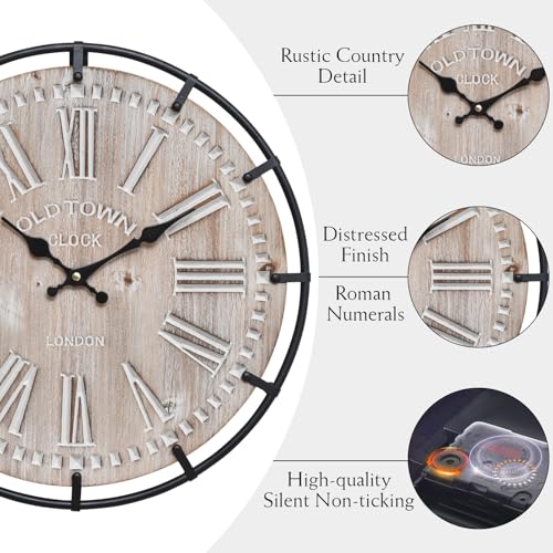 EMAX HOME 12 Inch Farmhouse Wall Clock Rustic Antique Wood with Metal Circle and Large Engraved Numerals, Silent Battery Operated Wall Clock for Office Kitchen Bedroom Living Room - color: Brown, size: 12 Inch Roman numerals