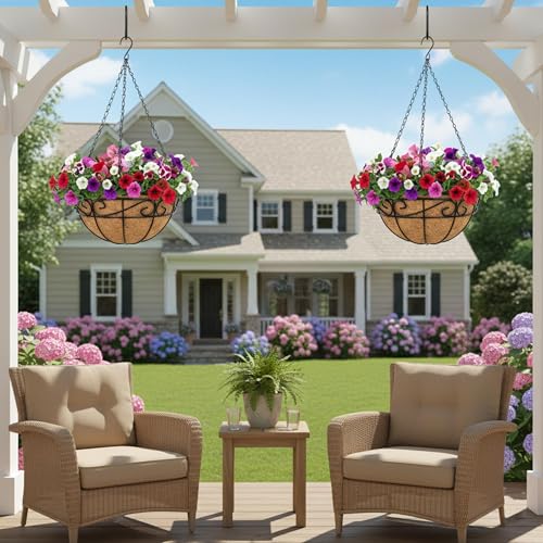 EIMQUVW Outdoor Metal Hanging Planters Basket (4pack, 12 inch) Hanging Baskets for Plants Chain Round Wire Plant Holder with Coco Fiber Liners for Garden, Patio, Deck, Porch(Flower Border) - size: 12 Inch