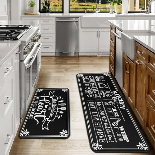 Kitchen Rug Set of 2, Kitchen Utensil Non-Slip Washable Mat, Black Farmhouse Kitchen Decor Anti-Fatigue Rug for Kitchen Sink Laundry Room, 17x30+17x47 Inch - color: Kitchen Rules