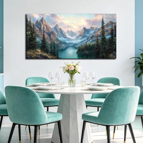 MXUNYZ Green Pine Tree River Mountains Canvas Wall Art for Living Room - color: Blue Green, size: 48"L x 24"W