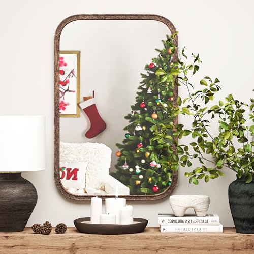 Acovy 24x36 Inch Solid Wood Framed Mirror Bathroom Mirror Tempered Glass for Wall Mounted, Rustic Wood Frame Wall Mirror Decorative for Living Room Bedroom Vanity Entryway