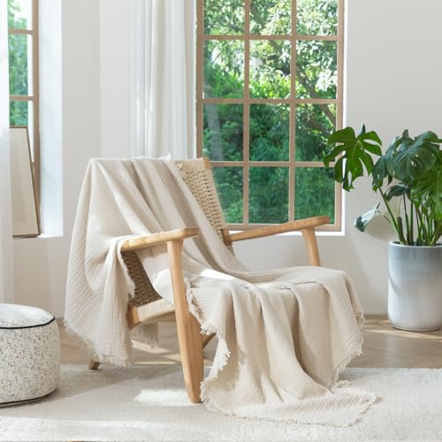 MooMee 100% Cotton Muslin Blanket, Fringed 4-Layer Gauze Bed Throw Blankets - color: Beige, size: Oversize Queen
