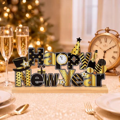 Roowest Metal Happy New Year Tabletop Decor Sign with Wooden Base - style: New Year