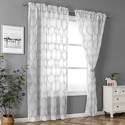 VISIONTEX White Sheer Curtains Grey Moroccan Embroidered 72 Inches Long - color: Moroccan-grey, size: 54"W x 72"L (Pack of 2)