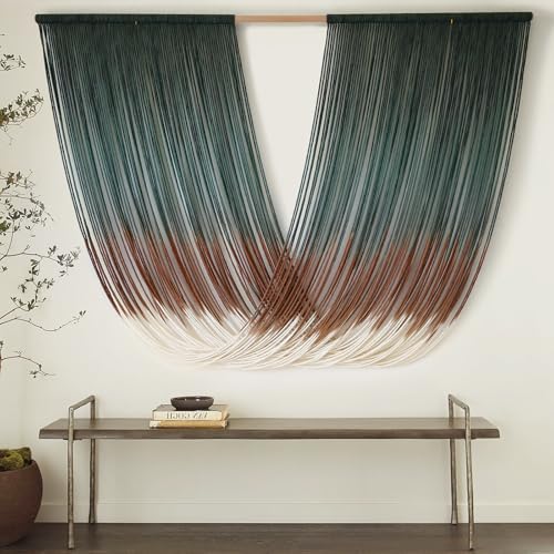 Macrame Wall Hanging Dip-Dye Green Boho Wall Decor Chic Fiber Yarn Wall Art Craftsmanship Bedroom Livingroom Nursery Apartment Home Decor 57" W x 35" L - color: Green Brown