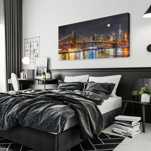 Baisuwallart Brooklyn Bridge Night Skyline Canvas Wall Art New York Poster - color: Colorful, size: 58"L x 29"W