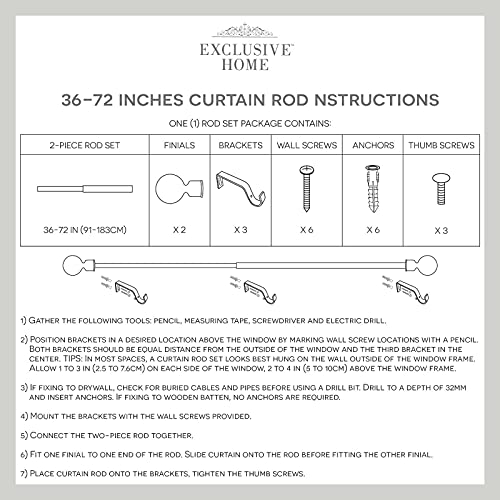 EXCLUSIVE HOME Black Pearl Mosaic 1" Curtain Rod and Coordinating Finial Set, Matte Black, Adjustable 36"-72"