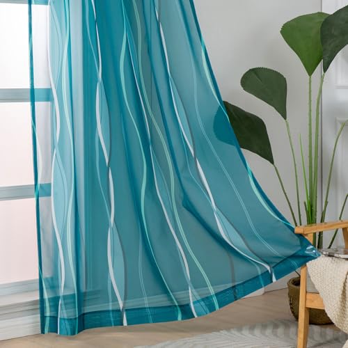 L.Z.E Teal and White Sheer Curtains 63 Inch Length for Living Room 2 Panels Set, Short Voile Sheer Curtains & Drapes for Bedroom Dining Room, Rod Pocket Wave Pattern Window Sheers (55W x 63L) - color: (Rod Pocket) Teal White, size: 55"W x 63"L (Pack of 2)