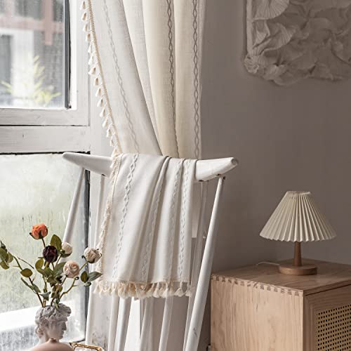 Deeprove White Boho Curtains 96 Inches Long for Nursery Bedroom Christmas Decor, Bohemian Embroidery Cream Weighted Cotton Linen French Country Window Treatments with Tassel, W52 x L96, 1 Panel - color: White, size: 52"W x 96"L (Pack of 1)
