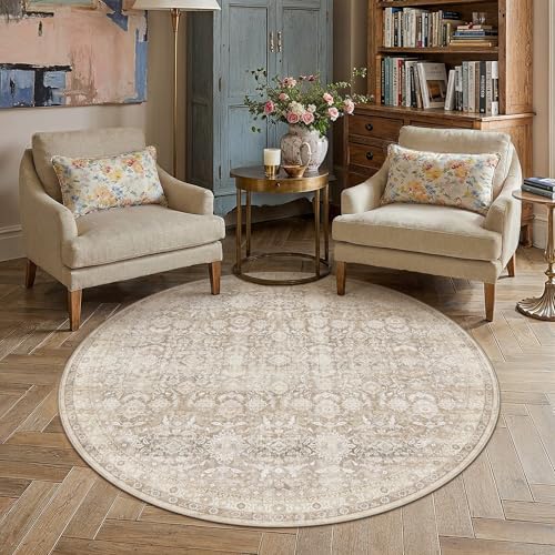 Beige 5R Area Rug Neutral Distressed Carpet - color: Accent | Beige, size: 5' (Round)