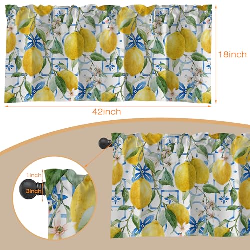 Hand Drawn Lemons and Blue Tiles Semi Sheer Valances - Windows Curtain, Rod Pocket Short Window Treatment - Light Filtering Decor for Kitchen, Living Room, Bedroom - 42"x18" - color: Lemon Leaves Flowers, size: 18"W x 42"L (Pack of 1)