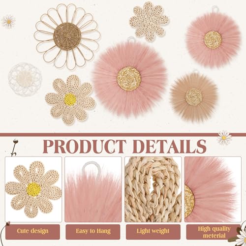 Chunful 7 Pcs Boho Wall Basket Decor Rattan Flower, Dark Pink - color: Dark Pink