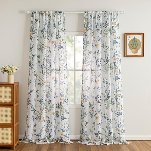MYSKY HOME Yellow and Blue Sheer Floral Curtains 102 Inch Length 2 Panels - color: A-yellow & Blue, size: 52"W x 102"L (Pack of 2)