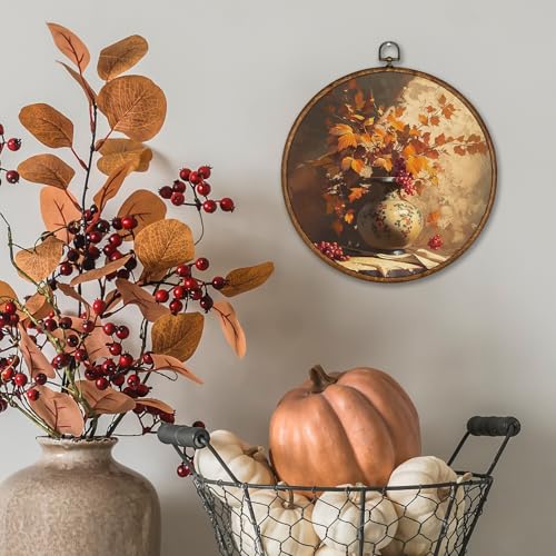 Voxitura Vintage Fall Floral Wall Art Round Framed, Farmhouse Maple Flower Wall Decor Canvas Hanging Living Room, Autumn Botanical Paintings Prints Artwork Decorations for Bedroom Thanksgiving 10x10in - color: Fall Leaf