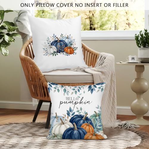 Farmhouse Blue Fall Pumpkin Throw Pillow Covers 18x18 Set of 2 - color: Hello Pumpkin2
