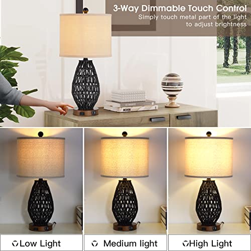 CINSARY Touch Control Rattan Table Lamps, 3 Way Dimmable Bedside Lamps for Bedroom Set of 2 with 2 USB Ports and AC Outlet, Wicker Nightstand Lamps for Living Room (LED Bulbs Included), Black - color: Black