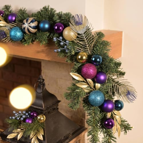 Valery Madelyn 6ft Pre-Lit Christmas Garland with Peacock Feather & Balls - color: Peacock, size: 6 feet