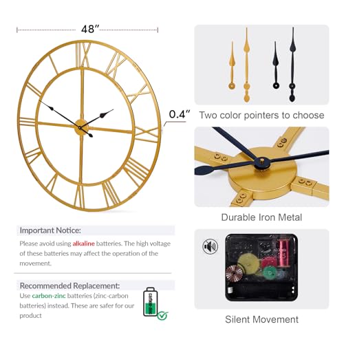 48 Inch Large Silent Wall Clock, Easy Assembly Roman Numeral Gold - color: Gold Metal Wall Clock, size: 48inch