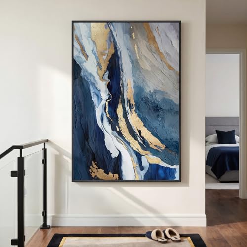 Extra Large Framed Navy Blue Abstract Wall Art for Living Room, 40x60 In - color: Blue and Gold, size: 60"L x 40"W