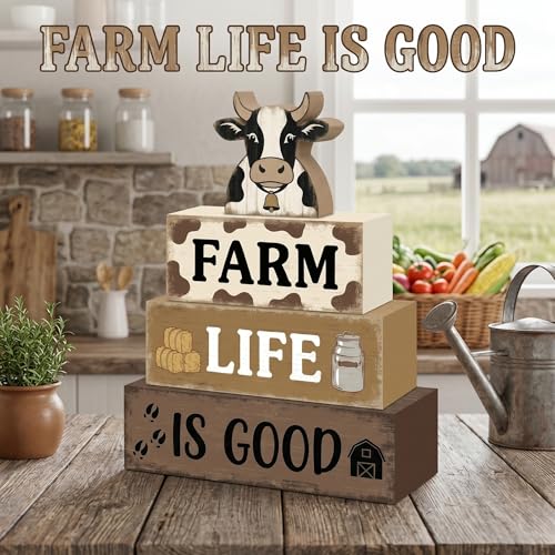 Britimes Tiered Tray Decor Set, 4 Pack, Wooden Table Sign, Farmhouse Cow - style: Black and White Cow
