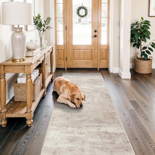 Rug Runner 3x8 for Hallway: Washable Non Slip Kitchen Entryway Carpet Low Plie Stain Resistant Rugs for Laundry Bedroom Indoor Foldable Modern Abstract Home Decor Floor Mat for Bathroom 3X8 Beige - color: Beige, size: 3' x 8' (Runner)