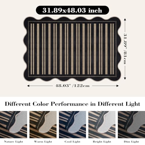Striped Easy Jute Front Door Mat, 2.6x4 Washable Entryway Rug Non Slip Small Kitchen Rug, Farmhouse Low Pile Floor Scalloped Rugs for Bathroom Porch Doorway - color: Black Striped, size: 2.6'x4' (Rectangular)
