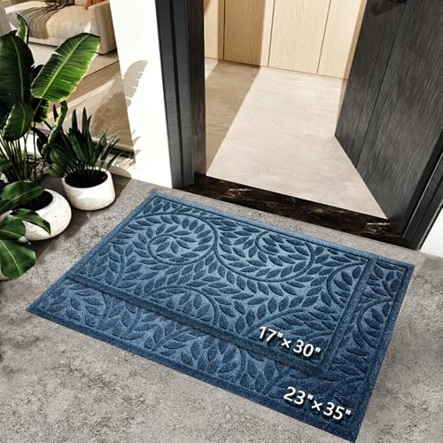 Bulijojo Front Door Mat Entrance,Durable Heavy Duty Welcome Mat,Thick Absorbent Natural Rubber Non Slip Mat,Sturdy Entryway Blue 23"x35" - color: Blue, size: 1'11" x 2'11" (Leaf)