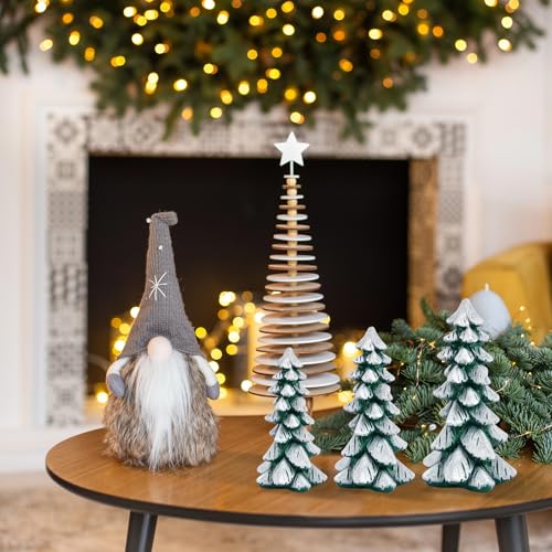 Resin Christmas Tree Figurines, 3pcs Snow-Dusted Tabletop Christmas Trees for Winter Decor, Rustic Christmas Table Decor, Holiday Table Centerpieces for Home, Shelf, Mantel (white-green)