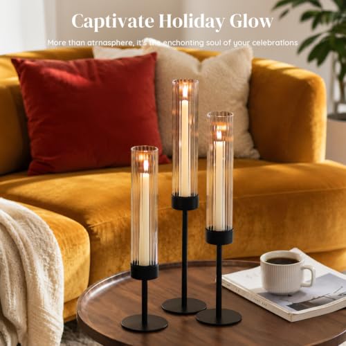 Glasseam Hurricane Taper Candle Holders, 3Pcs Black Candlestick for Mantle - color: Black