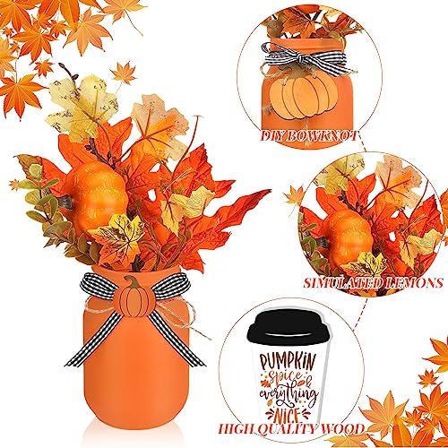 Jexine 18 Pcs Fall Mason Jar Table Decorations with Pumpkin Leaf Wood Sign
