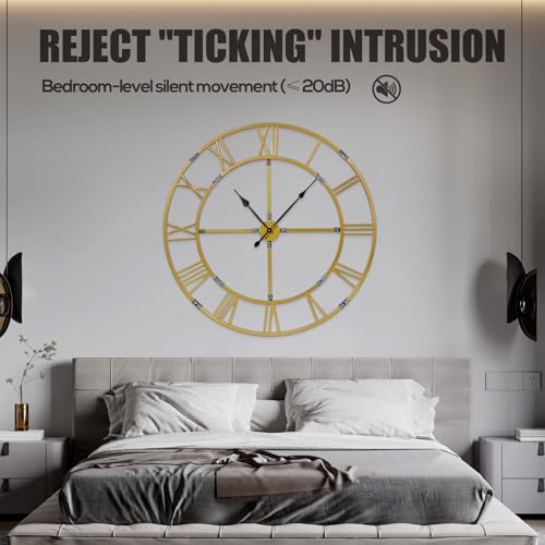 60 Inch Large Silent Wall Clock, Easy Assembly Roman Numeral Gold - color: Gold Metal Wall Clock, size: 60inch