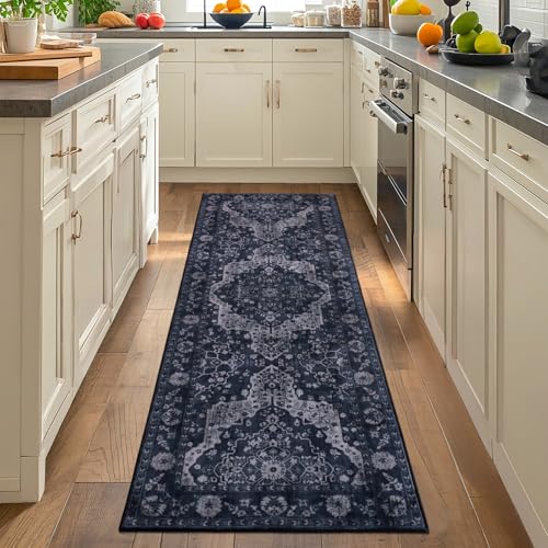 nesrt Boho Runner Rug for Hallway 2x6, Soft Faux Wool Vintage Rugs for Bedroom Washable Non Slip, Low Pile Thin Printed Carpet Runner for Entryway Kitchen Laundry Living Room (Blue) - color: Blue, size: 2' x 6' (Rectangular)
