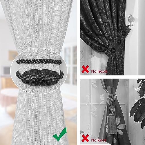 NICEEC 4 Pack Strong Magnetic Curtain Tiebacks Handmade Weave Side Rope Curtain Holdbacks Unique & Elegant Decorative Curtain Drape Tie Backs for Home & Office & Outdoor Window Drapery (Black) - color: Black, size: 4 Pack
