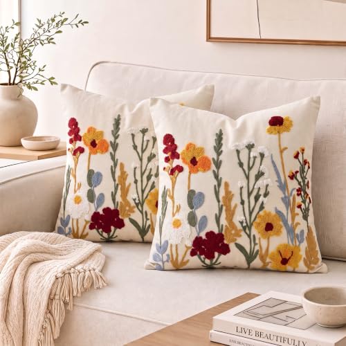 AVOIN colorlife Pastel Poppy Flowers Embroidered Throw Pillow Covers, 18 x 18 Inch Flower Cluster Tufted Patterned Linen Cushion Case Decoration for Sofa Couch Set of 2 - size: 18" x 18" (Pack of 2)