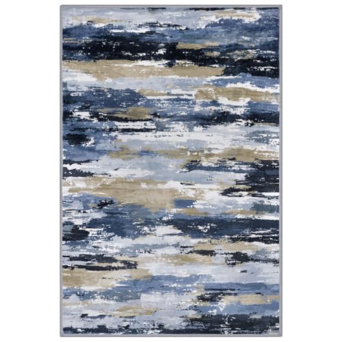 Abstract 5x7 Rugs Washable Living Room Area Rug Non Slip - color: Navy / Blue / Taupe, size: 5' x 7' (Rectangular)
