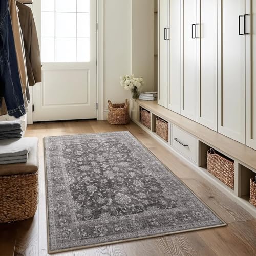 Washable 4x6 Rug, Distress Non-Slip Area Rugs, Charcoal Gray - color: Charcoal Gray, size: 4' x 6' (Rectangular)