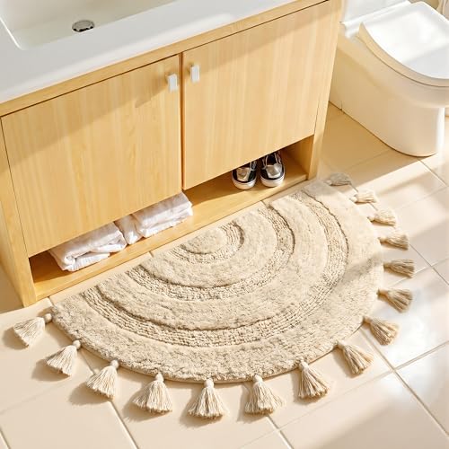 KOEXM Half Circle Boho Bathroom Rugs with Tassels 100% Cotton - color: Beige, size: 1'10" x 3'1" (Semicircular)