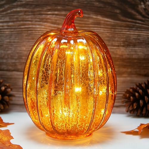 Mercury Glass Pumpkin Lights with Timer Set of 3, Battery Operated Glass Pumpkin for Halloween Thanksgiving Fall Autumn Decorations Tabletop Home Holiday Decor, Gold (Height:5.5“/7.7”)