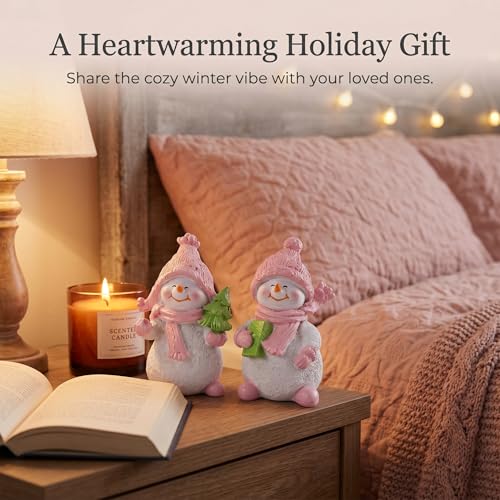 2-Piece Winter Home Decor Resin Snowman Figurines, Pink - color: Pink