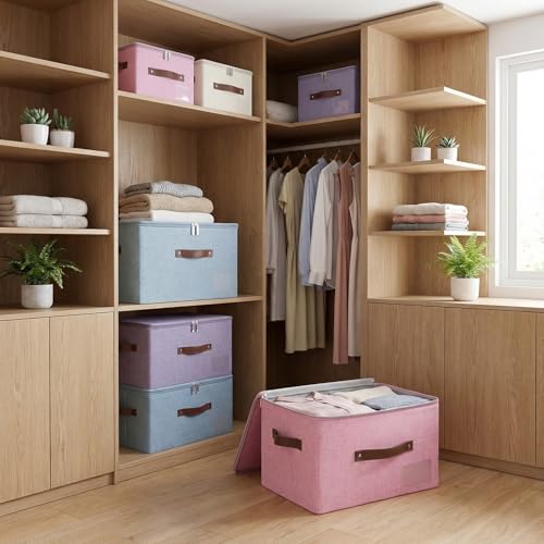 ANMINY Storage Box Fabric Bins with Zipper Lid, 17.7"x13.8"x10" Beige, 3PCS - color: Beige, size: Large (Pack of 3)
