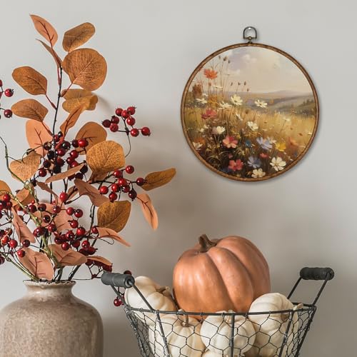 Voxitura Vintage Fall Wildflower Field Wall Art Round Framed, Farmhouse Landscape Wall Decor Canvas Hanging Living Room, Rustic Autumn Prints Artwork Decorations for Bedroom Thanksgiving 10x10in - color: Fall Wildflowers